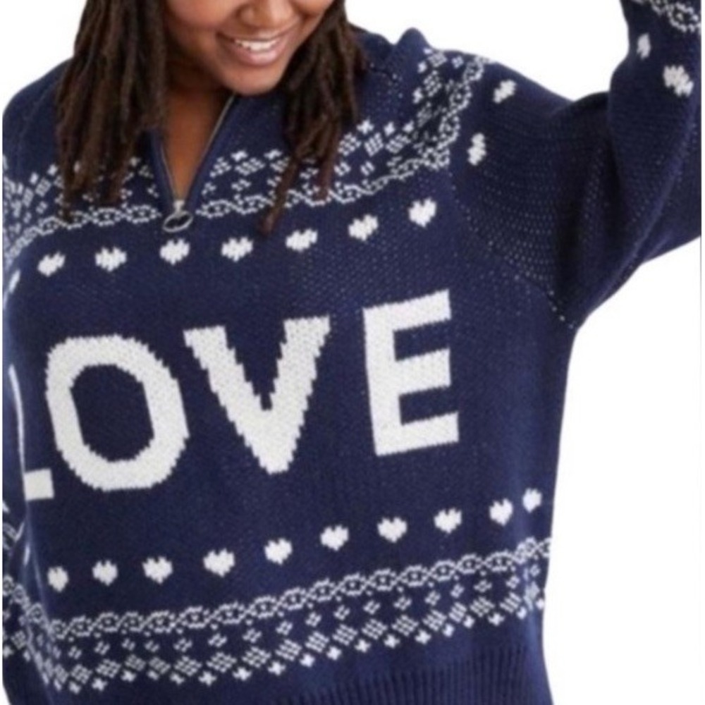 New Aerie Knit LOVE 1/4 Zip Blue Oversized Pullover Sweater Fair Isle Size S